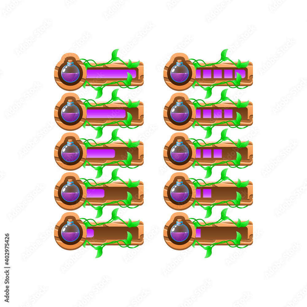 Poster set of wooden nature leaves game ui potion magis progress bar from low to full for gui asset element