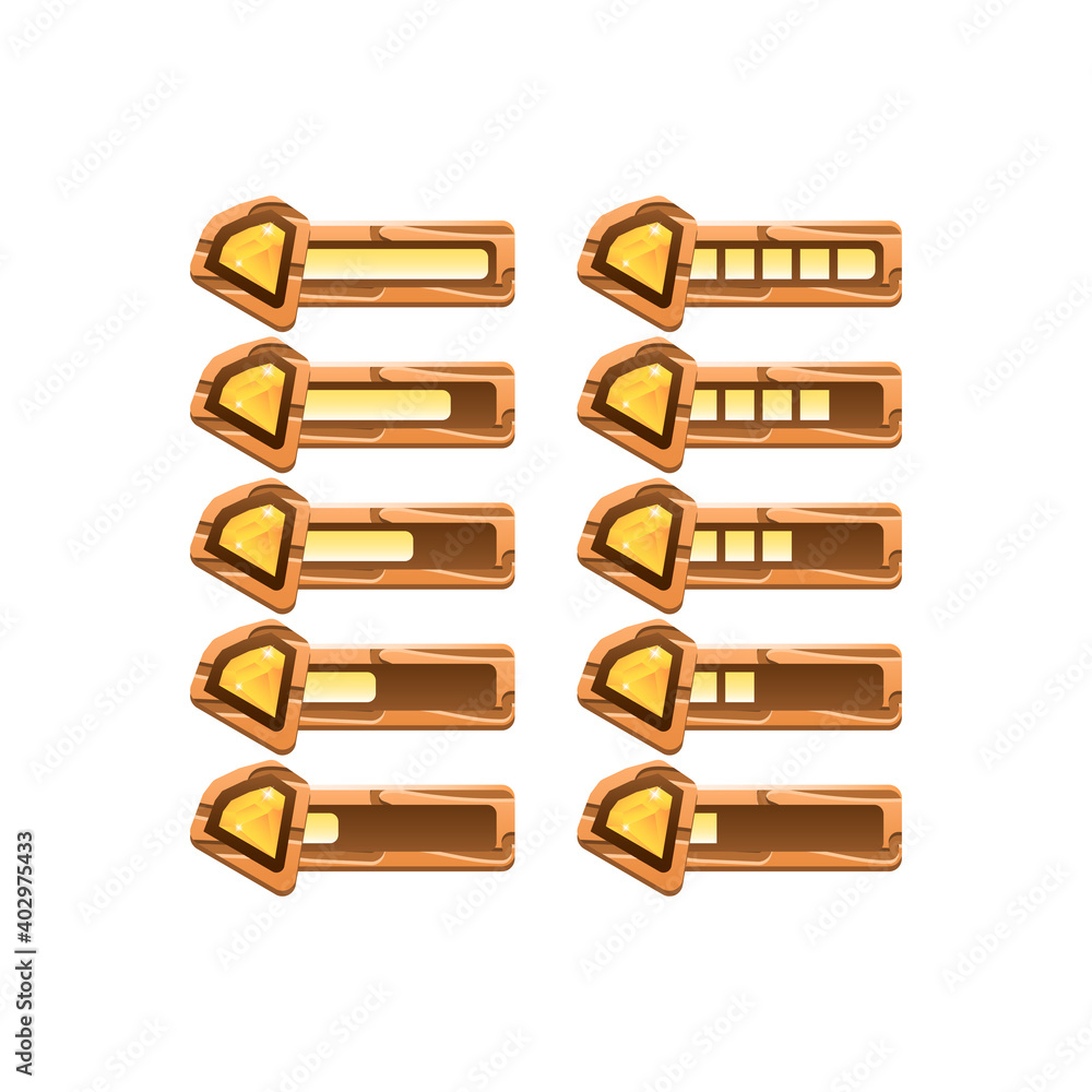 Poster set of wooden game ui diamond gems progress bar from low to full for gui asset elements vector illus
