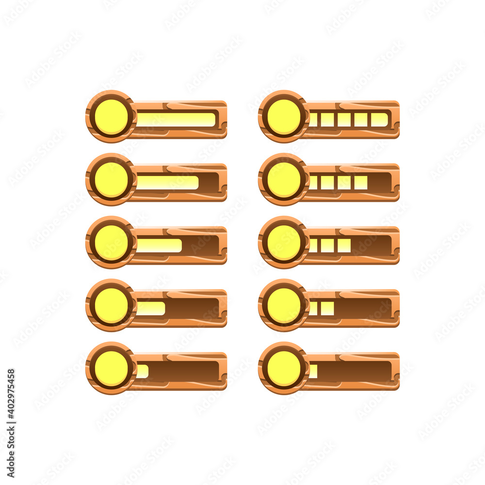 Aufkleber set of wooden game ui currency coin progress bar from low to full for gui asset elements vector illu
