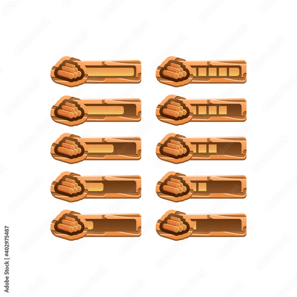 Poster set of wooden game ui survival craft progress bar from low to full for gui asset elements vector ill