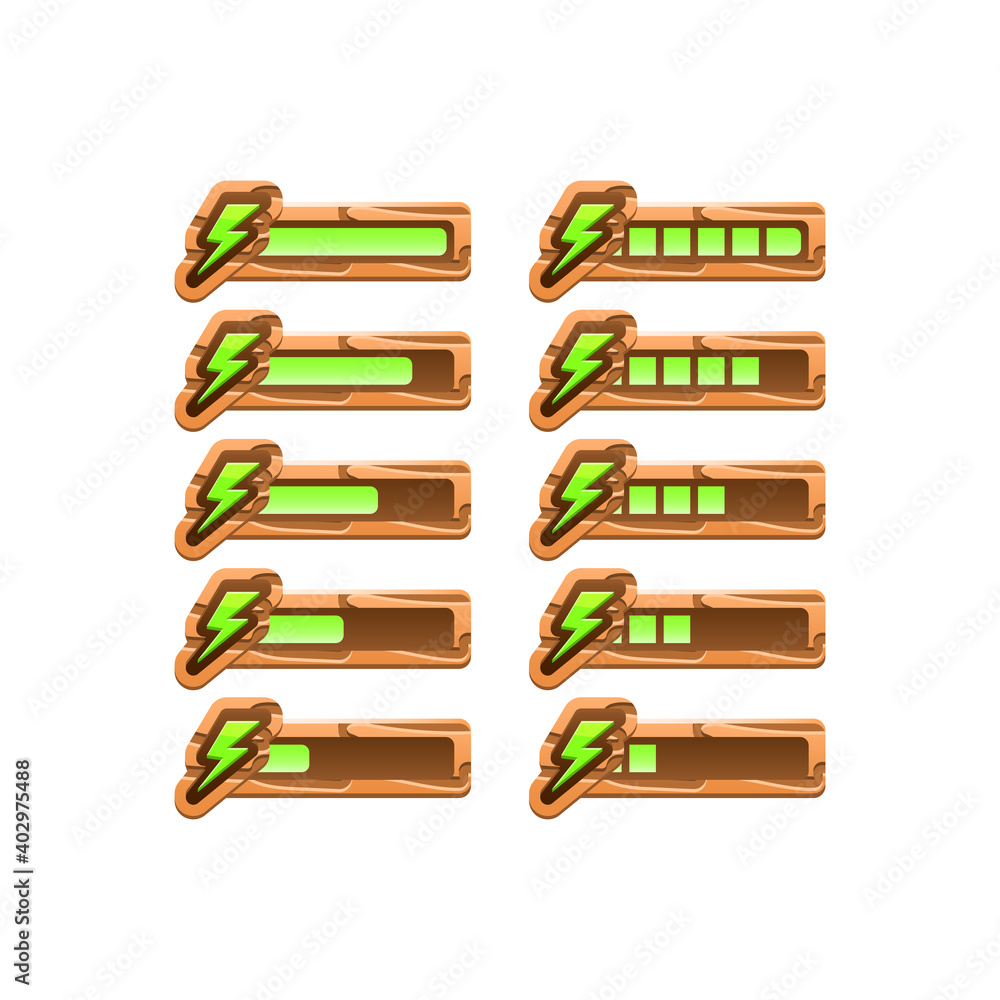 Aufkleber set of wooden game ui energy speed stamina progress bar from low to full for gui asset elements vect