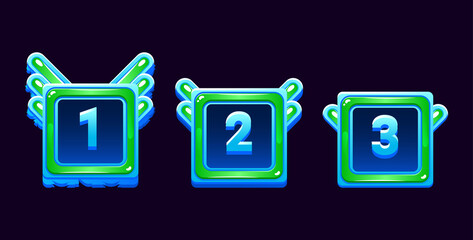 set of square game ui jelly frame awards medals with grade and ice freeze border for gui asset elements vector illustration