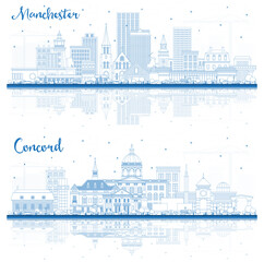 Outline Concord and Manchester New Hampshire City Skyline Set with Blue Buildings and Reflections.