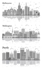 Outline Wellington New Zealand, Perth and Melbourne Australia City Skylines Set.