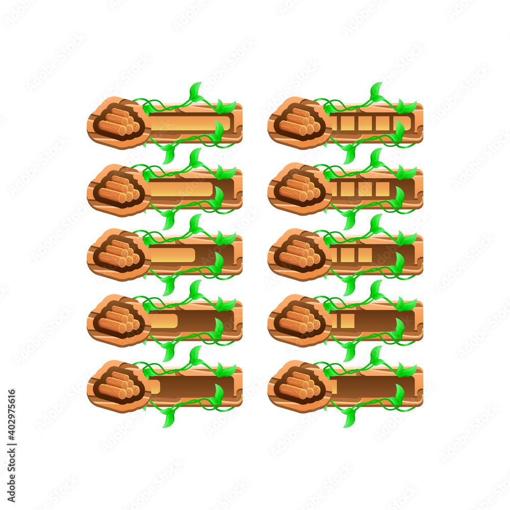 Poster set of wooden nature leaves game ui craft survival progress bar from low to full for gui asset eleme