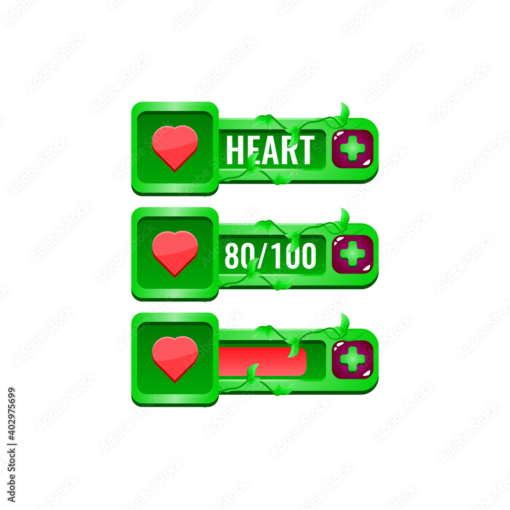Poster set of nature leaves game ui health bar with numeric and progress bar additional panel for gui asset