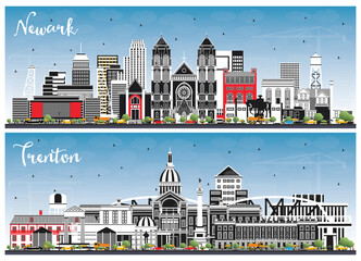 Trenton and Newark New Jersey City Skylines Set with Color Buildings and Blue Sky.