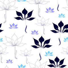 Seamless pattern with blue flowers on a white background. Hand drawn floral texture.