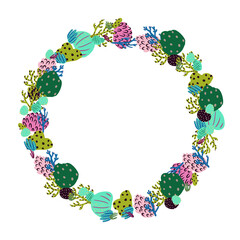 Abstract round frame made of flowers, corals and branches. Marine plants. Vector wreath.
