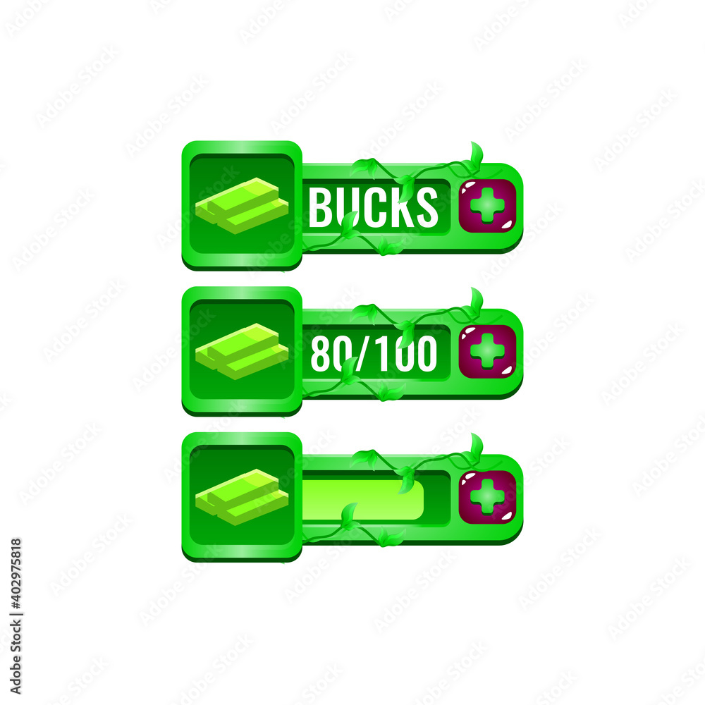 Poster set of nature leaves game ui money bucks bar with numeric and progress bar additional panel for gui 