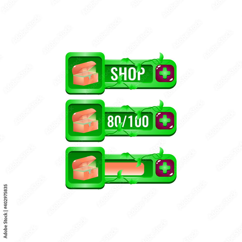 Poster set of nature leaves game ui shop treasure chest box bar with numeric and bar additional panel for g
