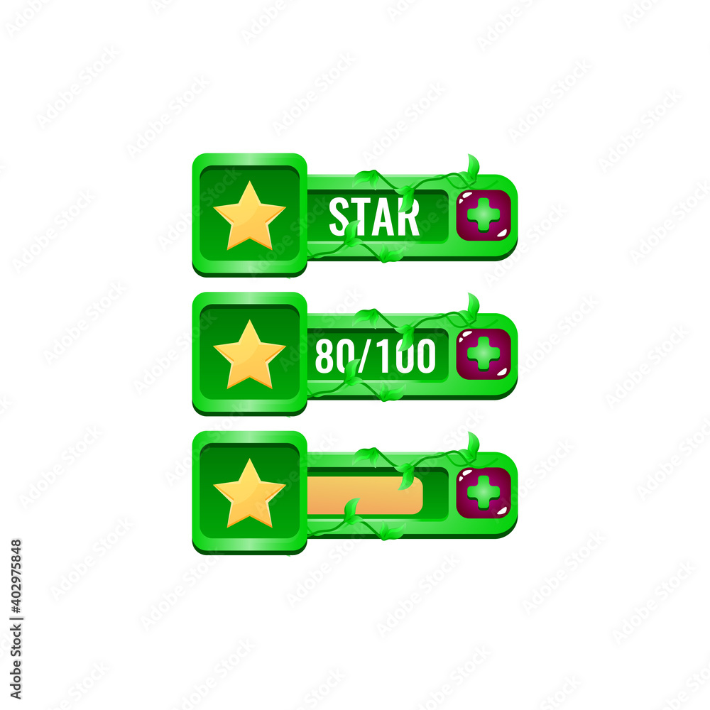 Poster set of nature leaves game ui star bar with numeric and progress bar additional panel for gui asset e