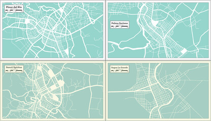 Obraz premium Sancti Spiritus, Palma Soriano, Sagua La Grande and Pinar del Rio Cuba City Maps Set in Retro Style.