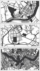 Paju, Seoul and Pohang South Korea City Maps Set in Black and White Color in Retro Style.
