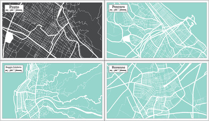 Reggio Calabria, Pescara, Ravenna, Prato Italy City Maps Set in Retro Style.