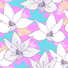 Floral seamless pattern. Vector background with flowers. Hand drawn artwork for textiles, fabrics, souvenirs, packaging and greeting cards.