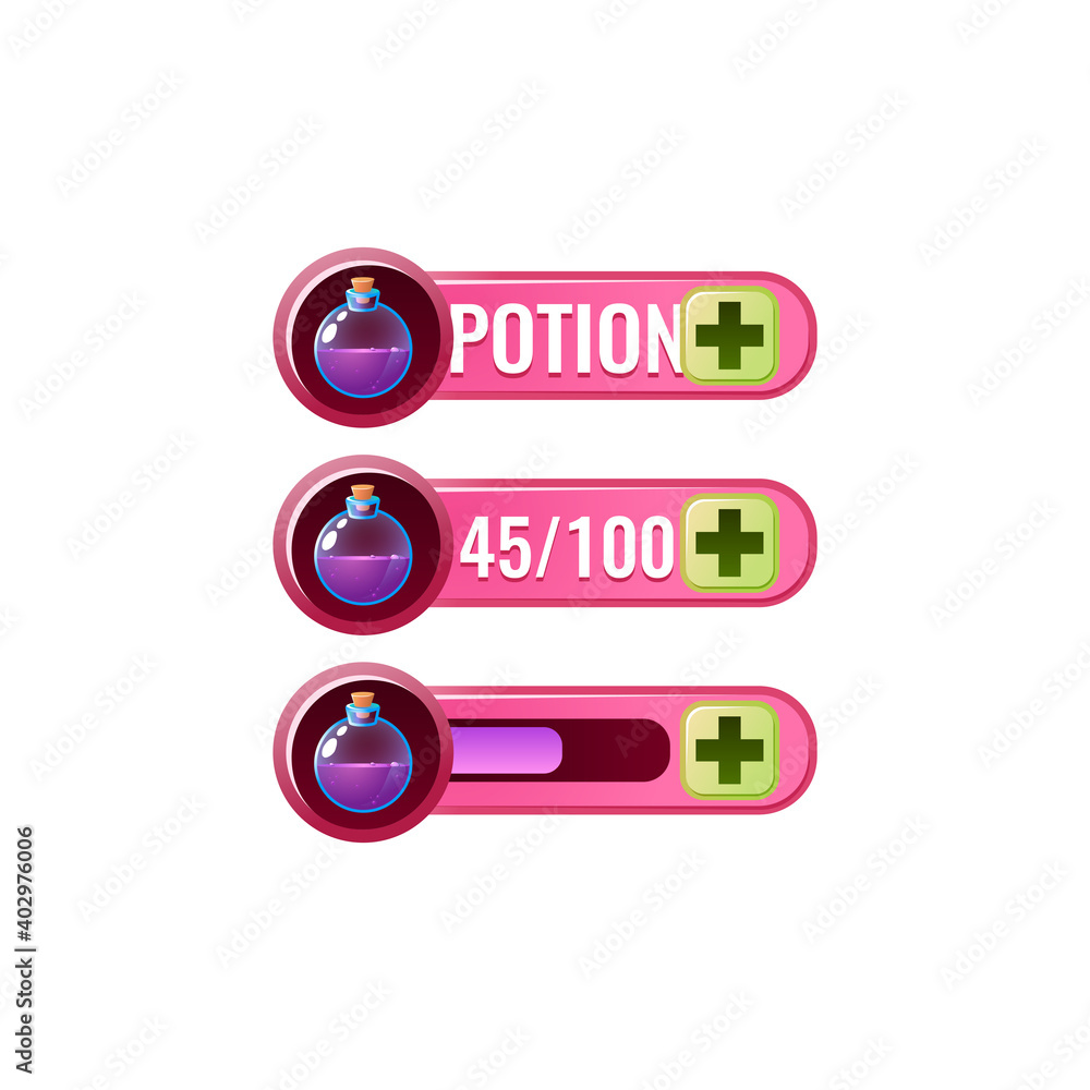 Fototapete set of funny pink game ui potion magic mana bar with numeric and progress bar additional panel for g