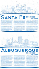 Naklejka premium Outline Albuquerque and Santa Fe New Mexico City Skyline Set with Blue Buildings and Copy Space.