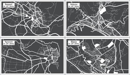 Syracuse, Salerno, Siena and Sassari Italy City Maps Set in Black and White Color in Retro Style.