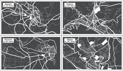 Obraz premium Syracuse, Salerno, Siena and Sassari Italy City Maps Set in Black and White Color in Retro Style.