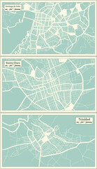 Santa Clara, Trinidad and Santiago de Cuba City Maps Set in Retro Style.