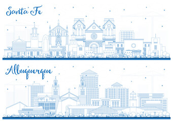 Naklejka premium Outline Albuquerque and Santa Fe New Mexico City Skylines Set with Blue Buildings.