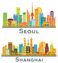 Shanghai China and Seoul South Korea City Skyline Set.