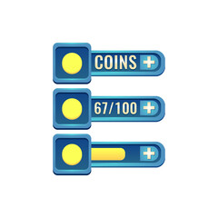 set of fantasy glossy rpg game ui currencies coins bar with numeric and progress bar additional panel for gui asset elements vector illustration
