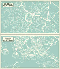 Plymouth and Sheffield Great Britain (United Kingdom) City Maps Set in Retro Style.