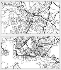 Plymouth and Sheffield Great Britain City Map Set in Black and White Color in Retro Style.