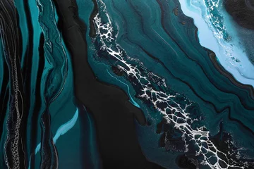 Photo sur Plexiglas Cristaux Art fluide acrylique. Vagues vert foncé dans l& 39 océan abstrait et mousse dorée. Fond ou texture effet marbre