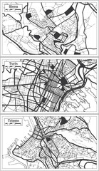 Turin, Trieste and Siena Italy City Map Set in Black and White Color in Retro Style.