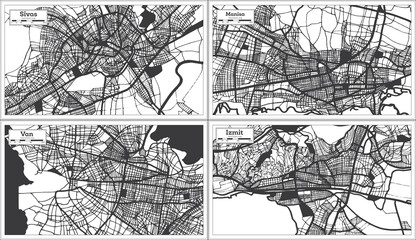 Van, Manisa, Izmit and Sivas Turkey City Maps Set in Black and White Color in Retro Style.