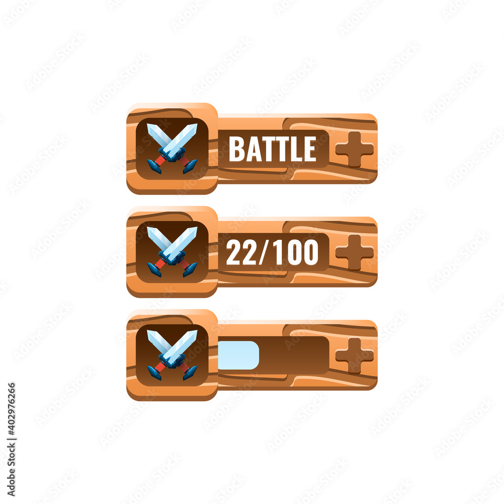 Fototapete set of wooden game ui blade sword fighting power ups skill with numeric and load bar additional pane