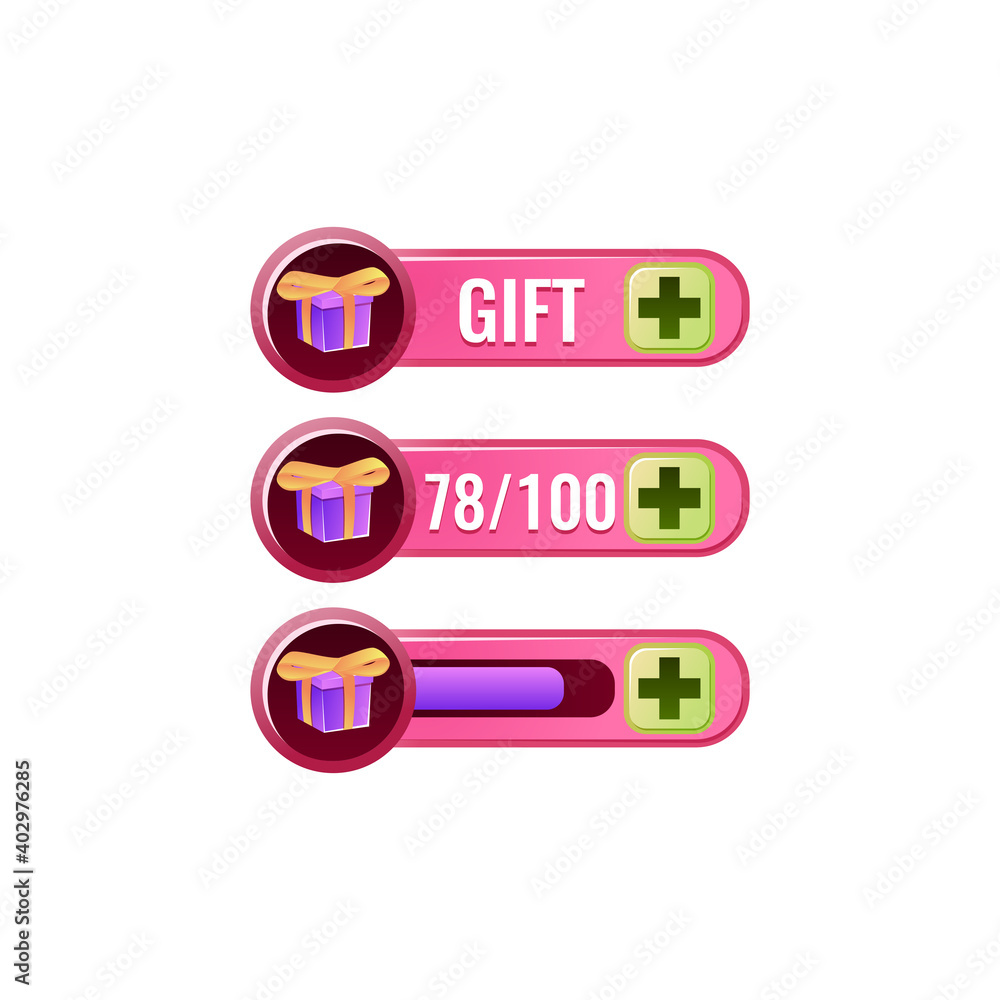 Aufkleber set of funny pink game ui reward gift box bar with numeric and bar additional panel for gui asset el