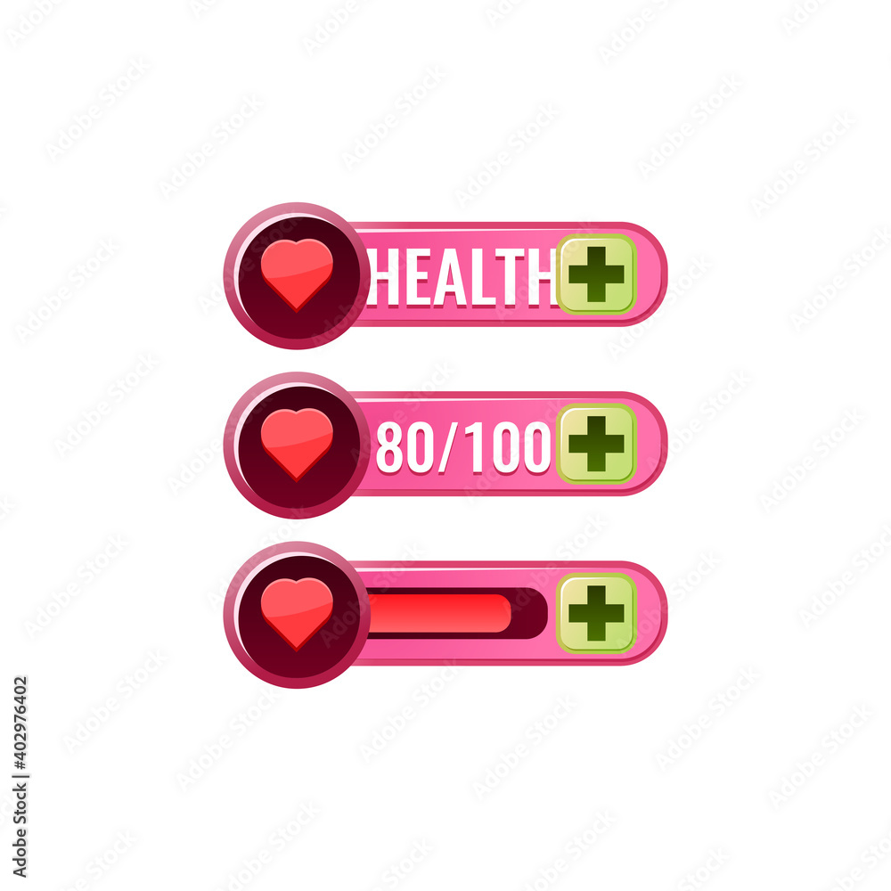 Poster set of funny pink game ui health bar with numeric and progress bar additional panel for gui asset el