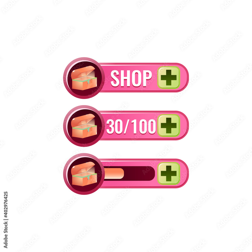Aufkleber set of funny pink game ui shop treasure chest box bar with numeric and bar additional panel for gui 