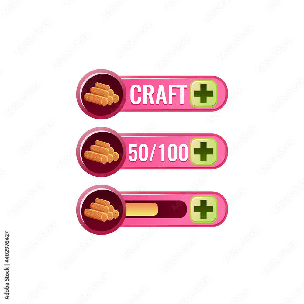 Fototapete set of funny pink game ui shop craft wood bar with numeric and bar additional panel for gui asset el