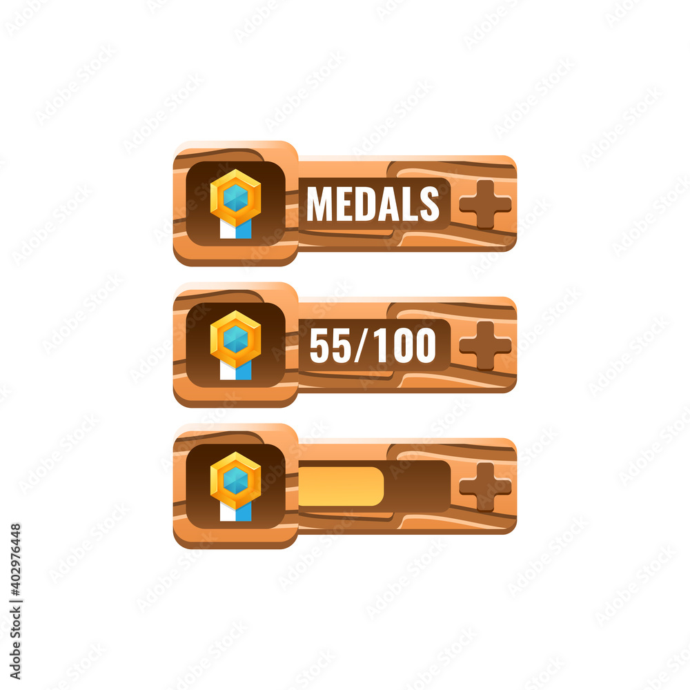 Fototapete set of wooden game ui award medals icon with numeric and load bar additional panel for gui asset ele