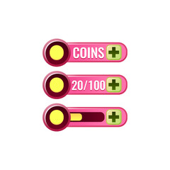 set of  game ui currencies coins bar with numeric and progress bar additional panel for gui asset elements vector illustration