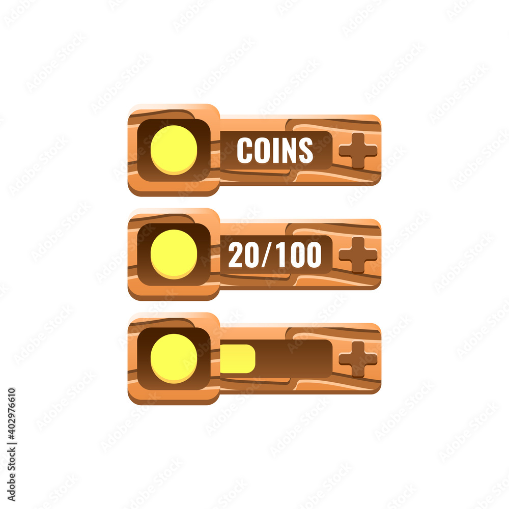 Poster set of wooden game ui currencies coins bar with numeric and progress bar additional panel for gui as
