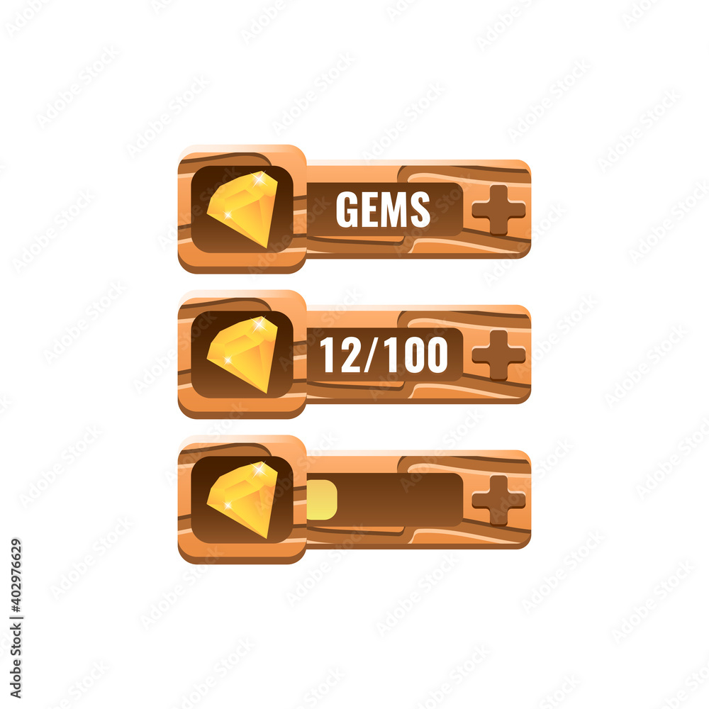 Poster set of wooden game ui gems diamond bar with numeric and progress bar additional panel for gui asset 