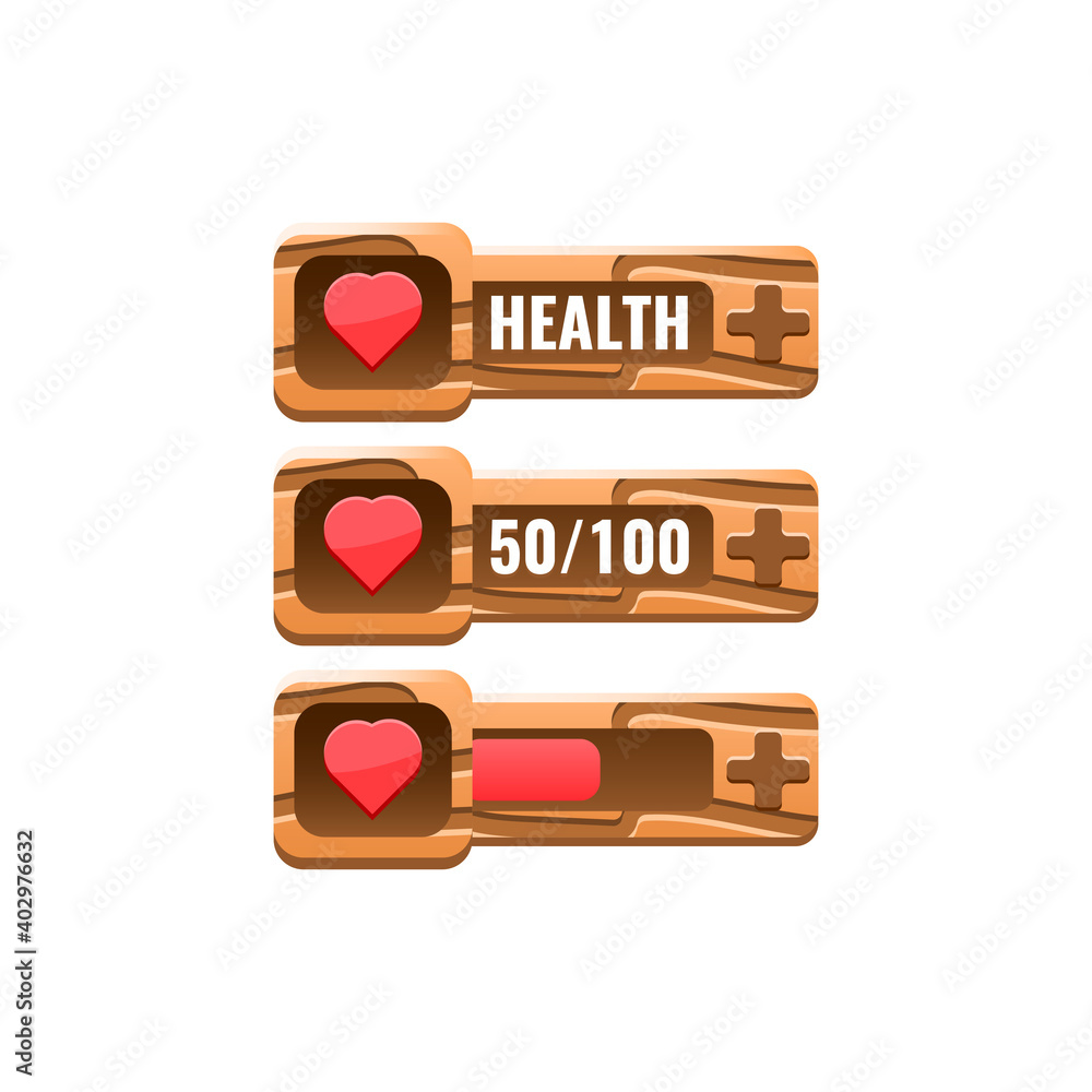 Fototapete set of wooden game ui health bar with numeric and progress bar additional panel for gui asset elemen