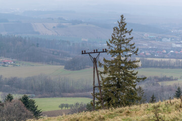 Obraz premium Forest and power line with surrounding nature covered with morning white thick fog and yellow grass in the foreground.