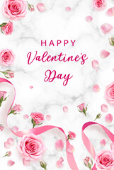 Valentines Day background with rose petals and rose buds. Rose flowers with pink ribbon on marble background. 3d realistic vector. Holiday poster, flyer, banner.