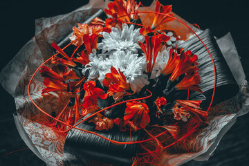 Decorated with a large bouquet in hand of red and white flowers and with accessories wrapped in wrapping paper.