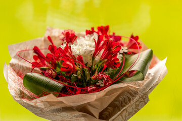 Decorated with a large bouquet in hand of red and white flowers and with accessories wrapped in wrapping paper.
