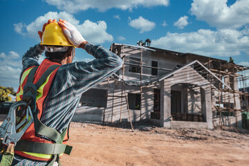 Asian men wearing safety clothing Construction worker helmets and reflective vests on construction sites