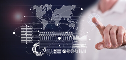 Man touching a global business digital interface concept