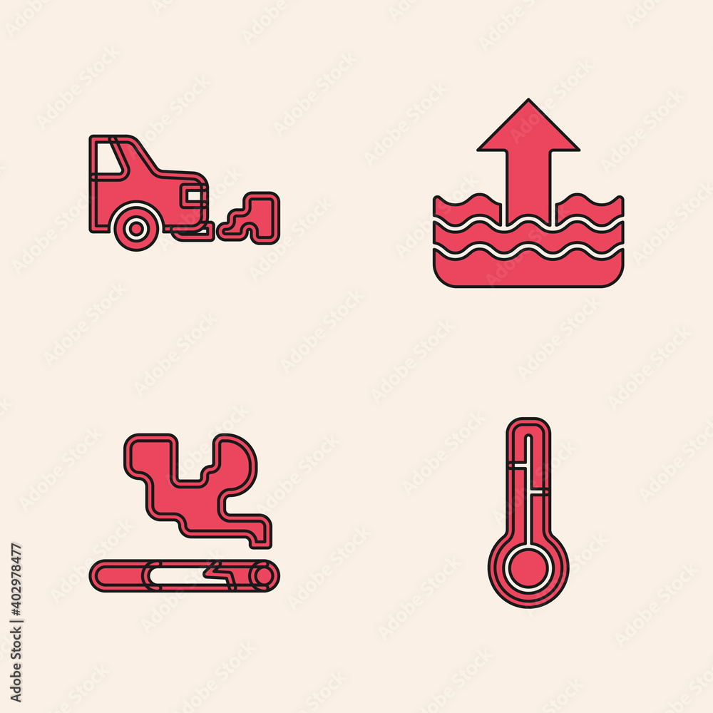 Sticker Set Meteorology thermometer, Car exhaust, Rise in water level and Cigarette icon. Vector.